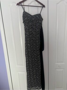 Wendye Chaitin Black Sequin Lace Maxi Dress with Spaghetti Straps